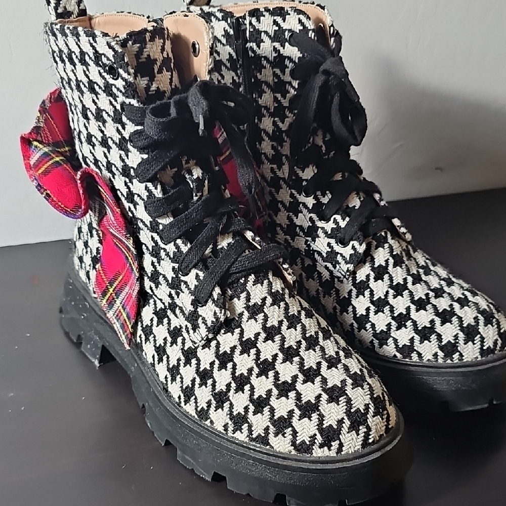 Betsey Johnson Houndstooth Combat Boots with Red Plaid Accent - Picture 2 of 8